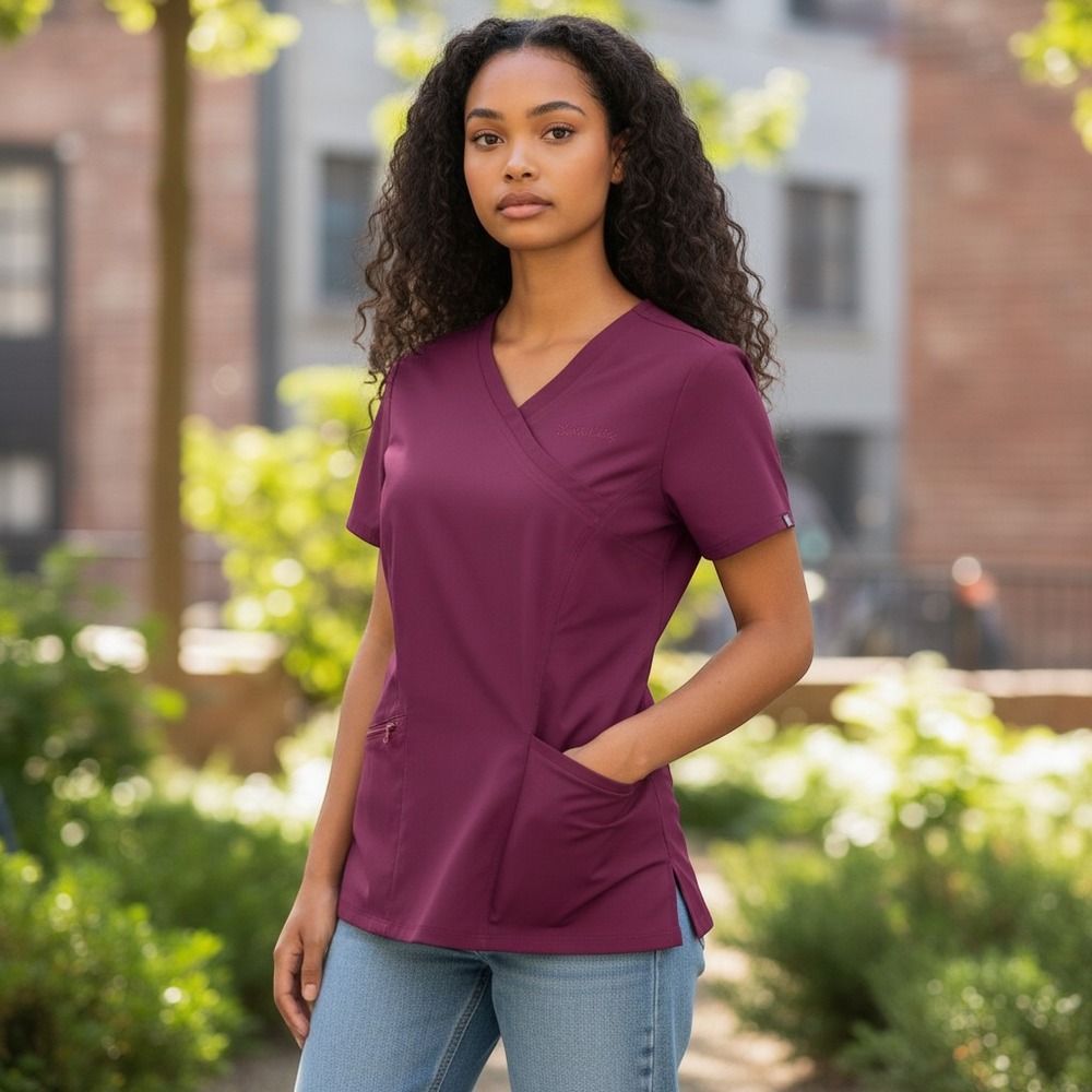 Scrubology Mock Wrap Scrub Top XS Wine NEW PL642 V-Neck Short Sleeve Zip Pocket